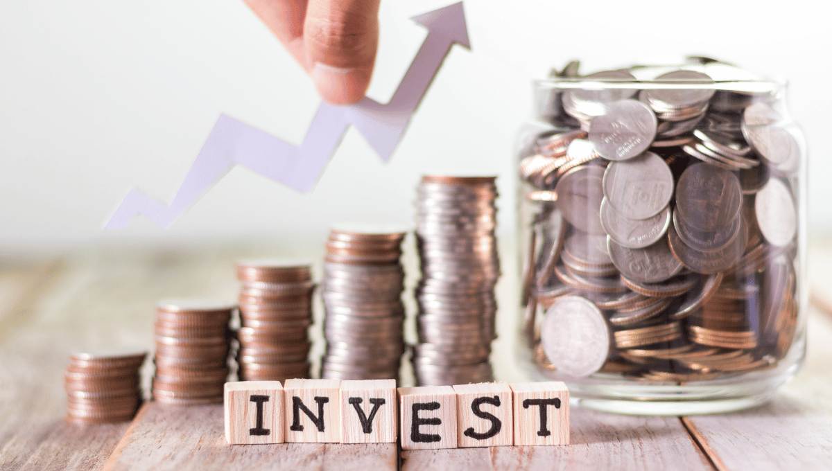 a white arrow with pile of coins with a jar of coins at the end and a word invest