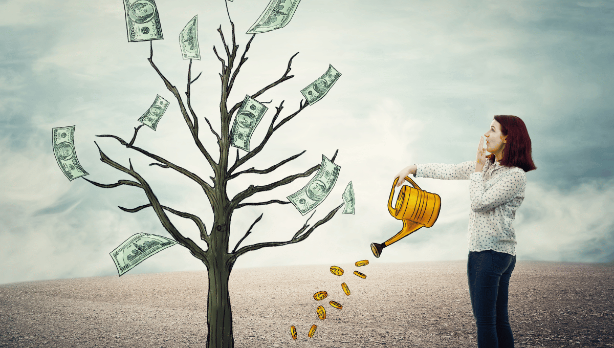 woman watering a money tree with coins and watching the leaves turn into notes