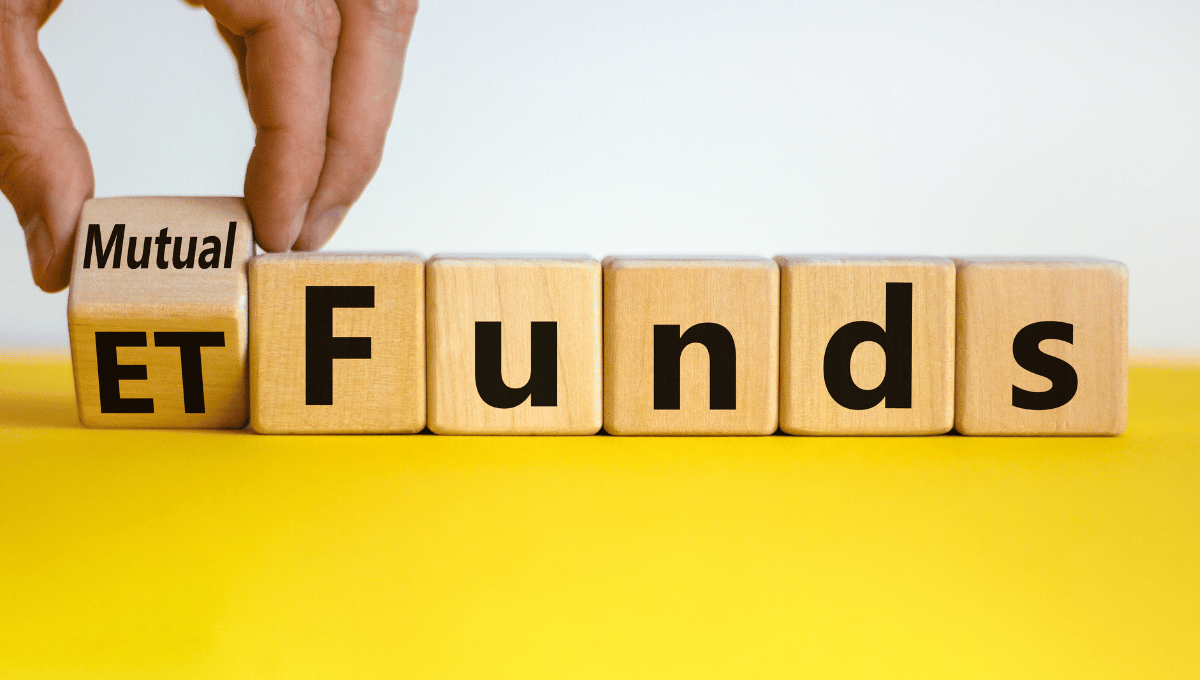 blocks of letters that spell Mutual and ETF funds