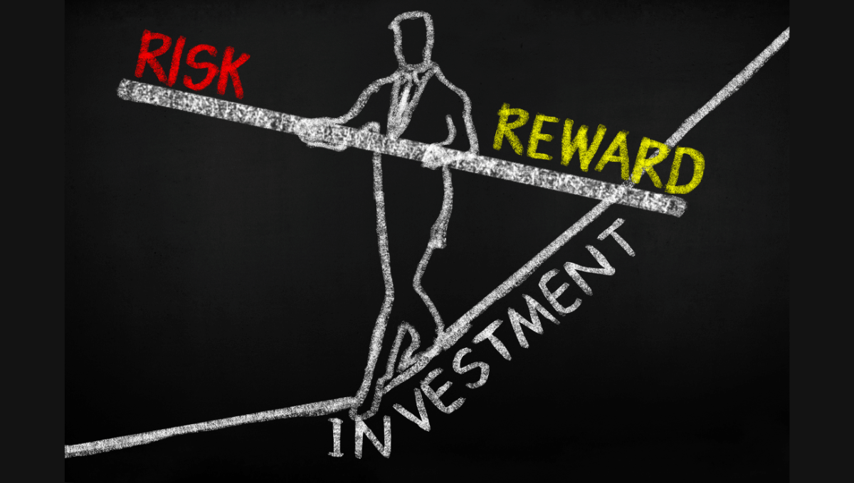 Man balancing on a wire labelled investment and carrying a stick with risk and reward written on either end
