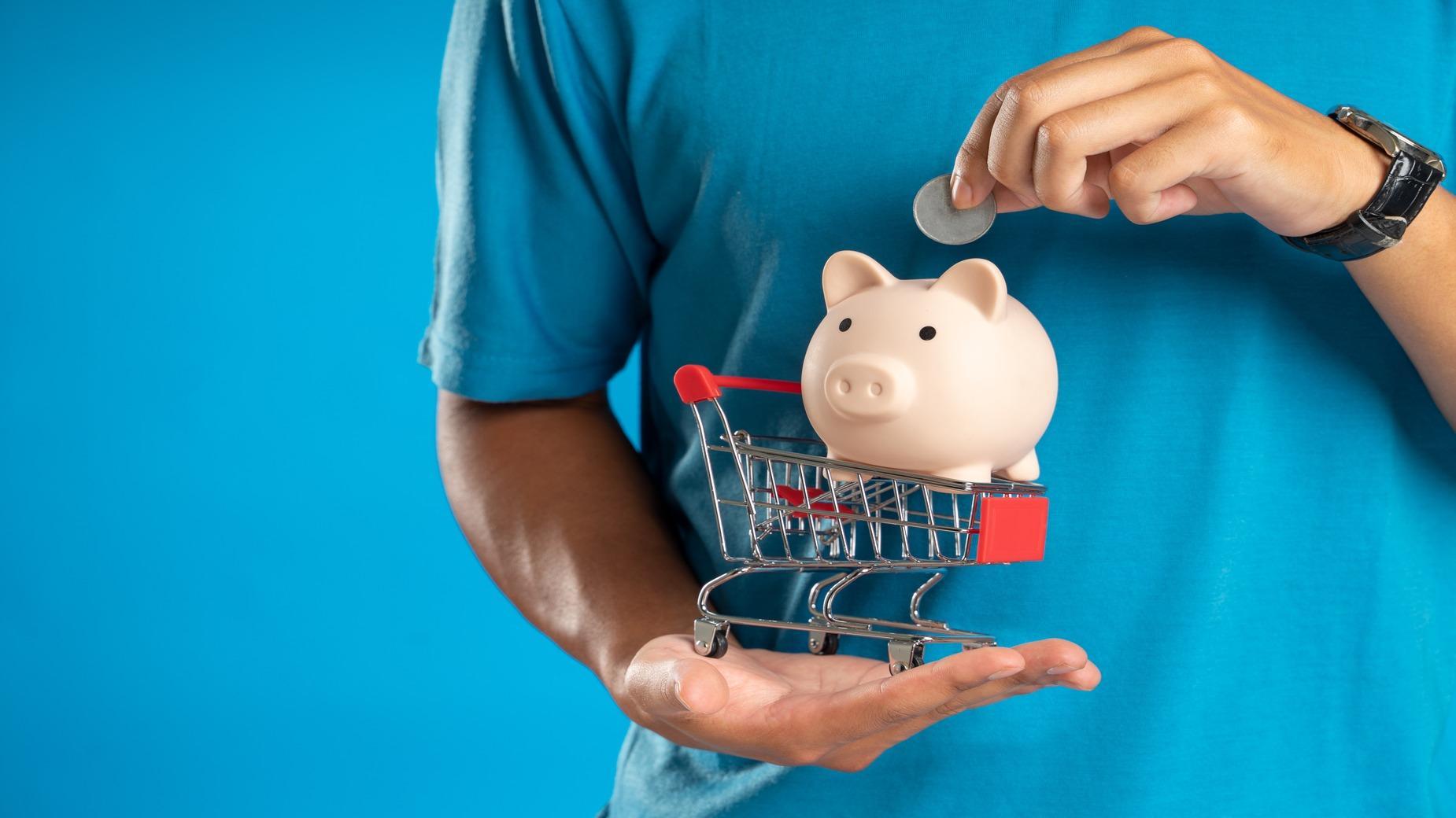 A person with a piggy bank and a shopping cart