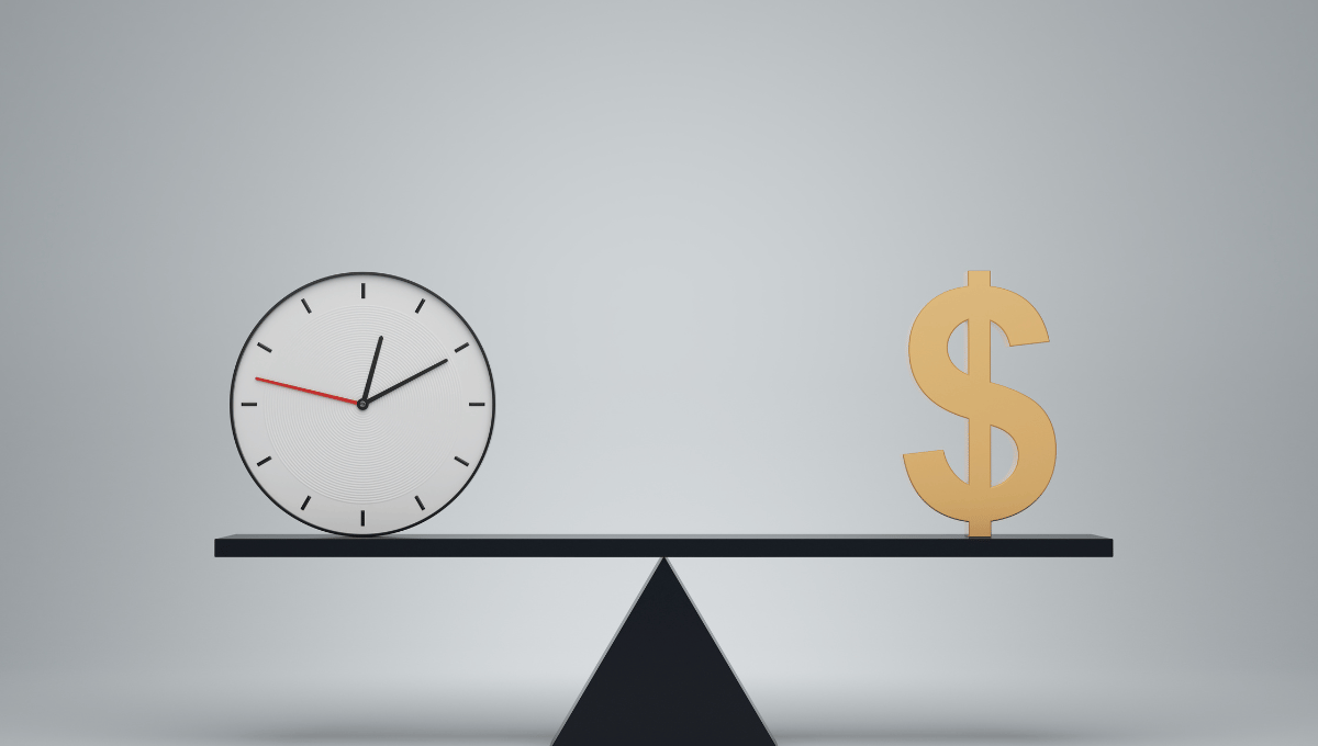 balanced seesaw with time and dollar sign on either end