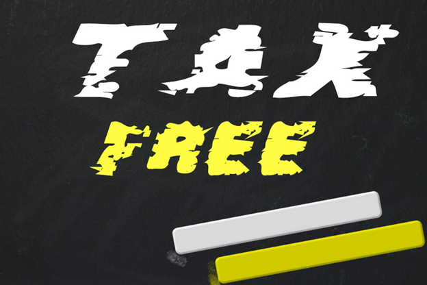 "Tax free" written in white and yellow on a black background.