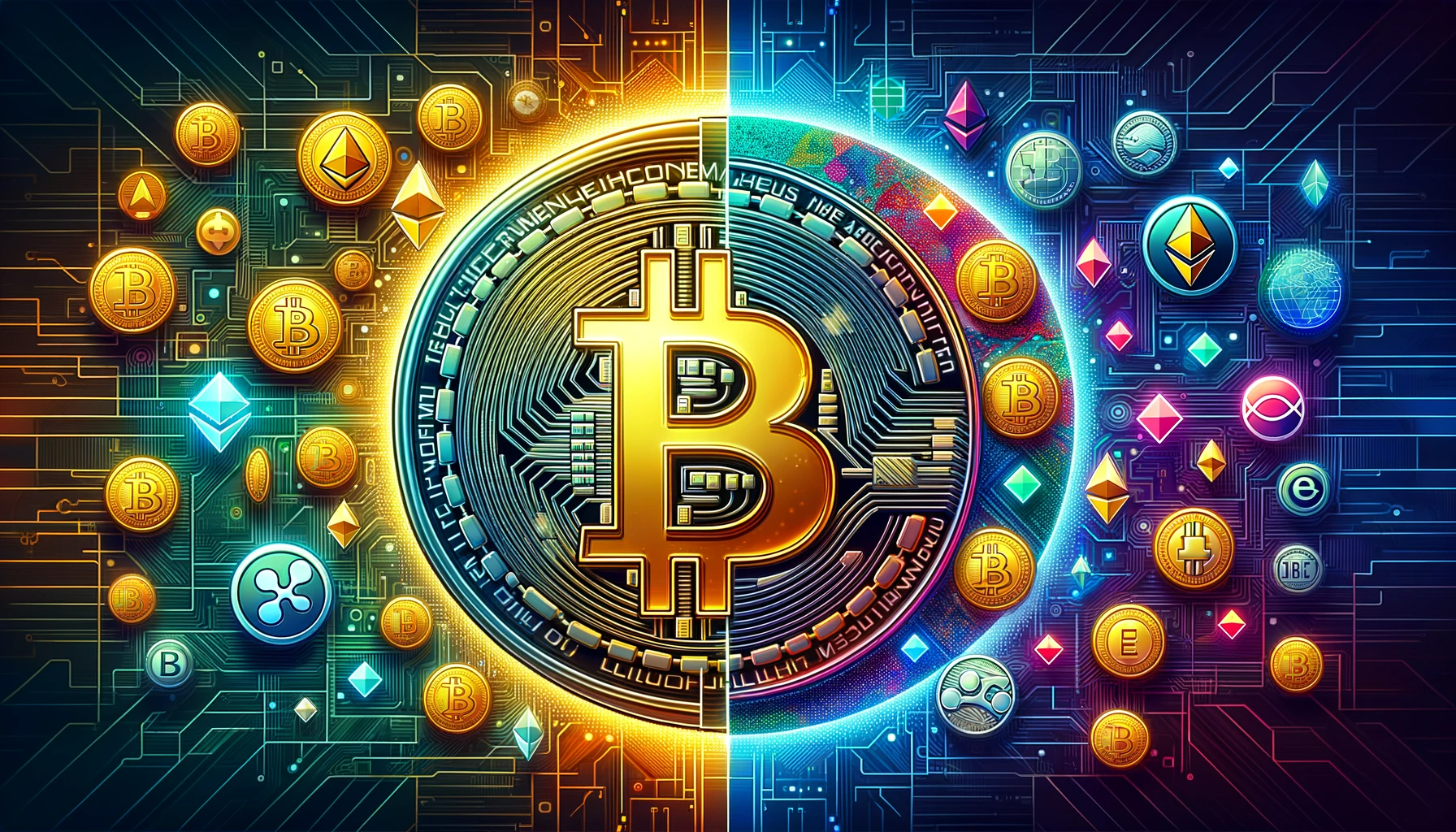 An illustrative comparison between a golden Bitcoin symbol and a mosaic of colorful altcoin symbols, set against a futuristic digital landscape, for an article on 'Bitcoin vs. Altcoins