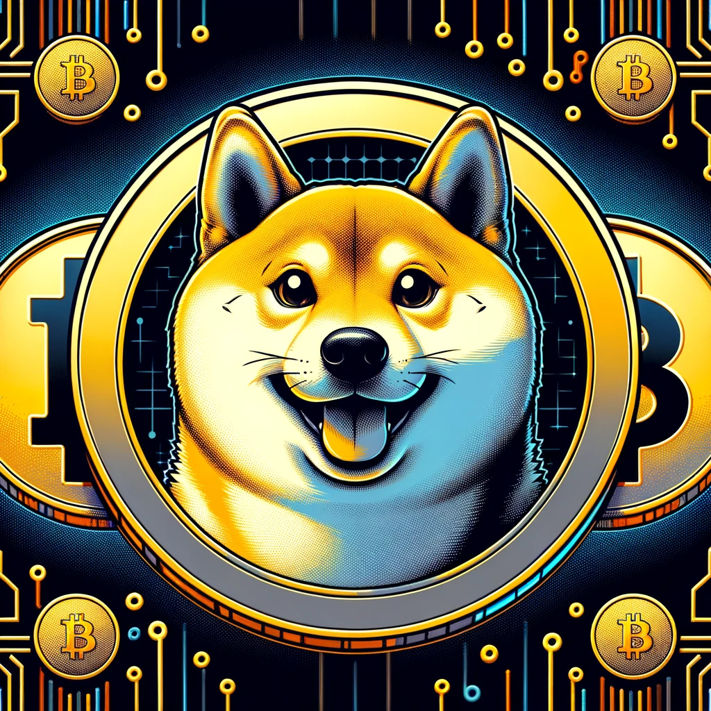 a smiling Shiba Inu, Dogecoin's mascot, surrounded by coins with Dogecoin symbols on a black background with a digital grid pattern.