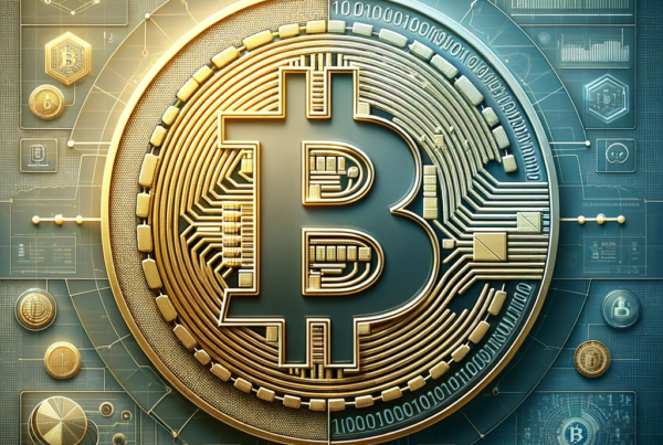 a divided Bitcoin symbol in gold, set against a blue and gray background with binary code, symbolizing the concept of Bitcoin halving.