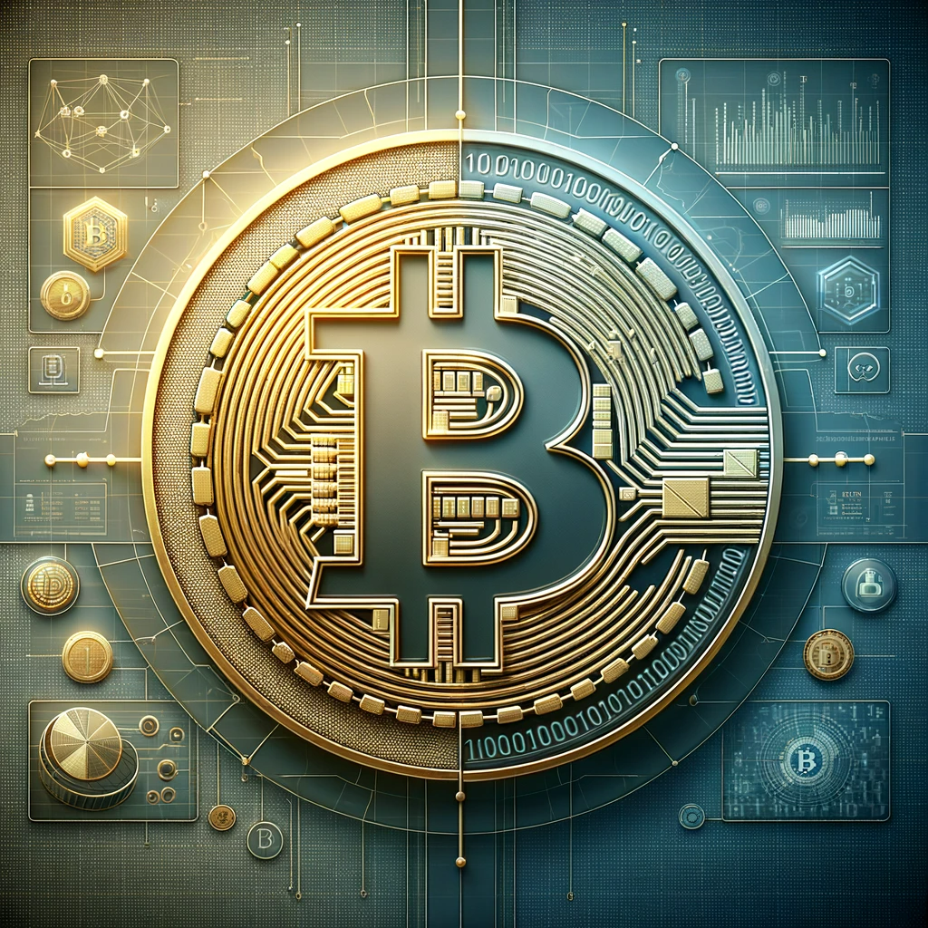 a divided Bitcoin symbol in gold, set against a blue and gray background with binary code, symbolizing the concept of Bitcoin halving.