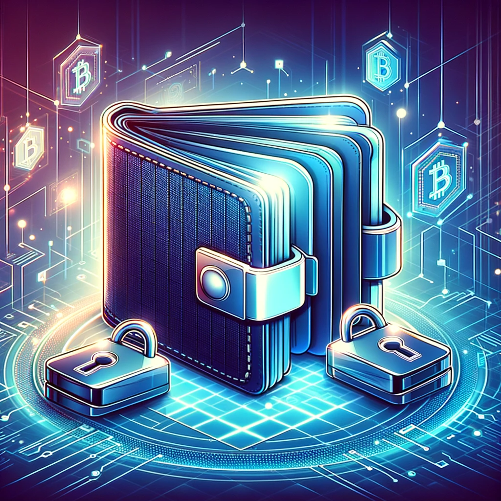 digital wallet secured with multiple locks, symbolizing multisig technology, surrounded by cryptographic symbols and digital elements